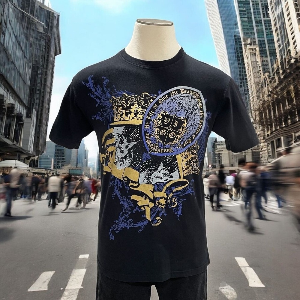 Vigo‎ Co Mens Gothic Graphic T-Shirt Large Baroque Skull Design Streetwear Edgy